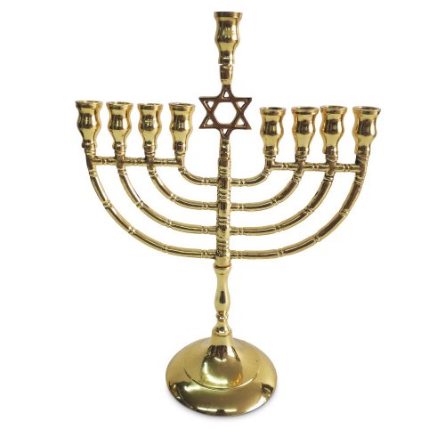 Gold Metal Chanukah Menorah with Star of David, for Candles - 10 Inches
