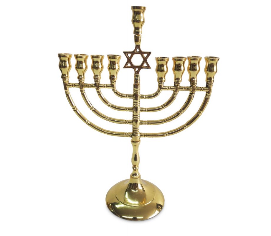 Gold Metal Chanukah Menorah with Star of David, for Candles - 10 Inches