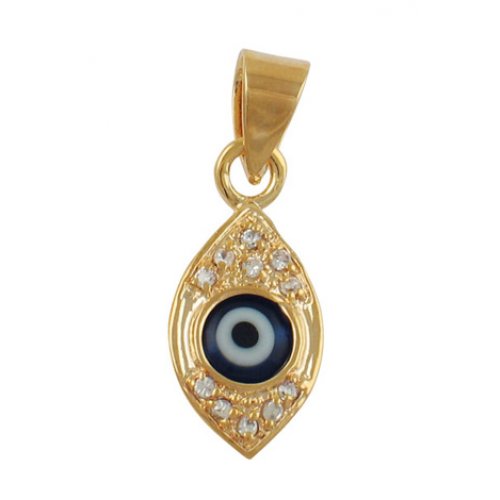 Gold Plated Eye Amulet Pendant with Glittering Ziconium Stones and Blue Pupil
