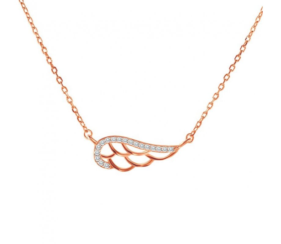 Gold Plated Sterling Silver Feather Necklace, Zircons - Yellow or Rose Gold Plate