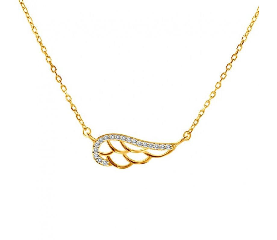 Gold Plated Sterling Silver Feather Necklace, Zircons - Yellow or Rose Gold Plate