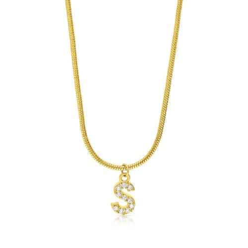 Gold Plated Sterling Silver Snake Chain Necklace with Zircon Letter Pendant