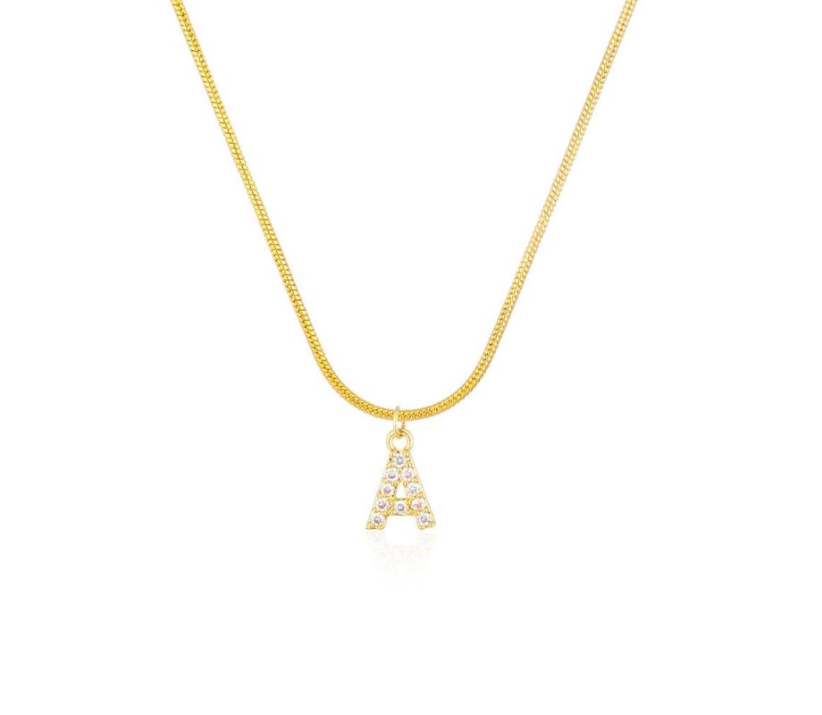 Gold Plated Sterling Silver Snake Chain Necklace with Zircon Letter Pendant