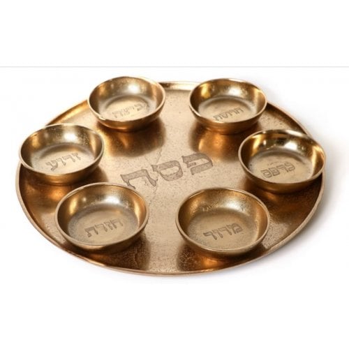 Gold Seder Plate with Six Matching Gold Bowls - Enamel and Aluminum