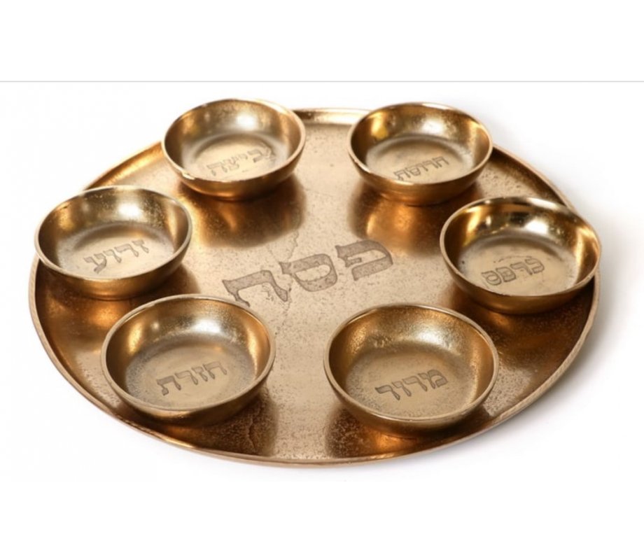 Gold Seder Plate with Six Matching Gold Bowls - Enamel and Aluminum