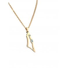 Gold Stainless Steel Pendant Necklace, Outline Map of Israel with Blue Enamel
