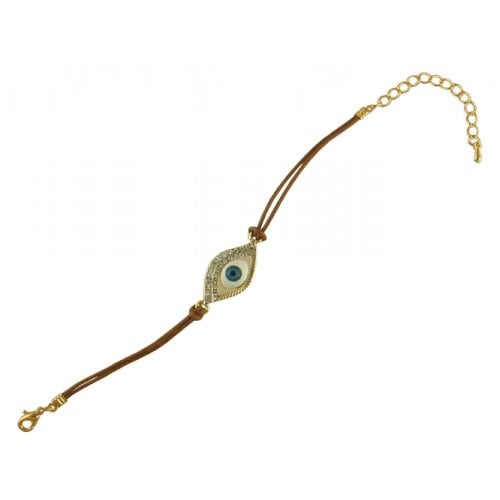 Gold color Enamel eye bracelet on brown leather cord