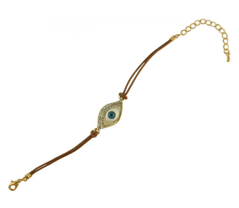 Gold color Enamel eye bracelet on brown leather cord