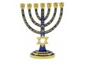 Gold with Blue Enamel 7-Branch Menorah, Judaic Emblems and Star of David  9.5