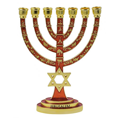 Gold with Red Enamel 7-Branch Menorah, Judaic emblems and Star of David - 9.5