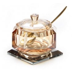 Golden Amber Glass Rosh Hashanah honey jar with lid and spoon - With base