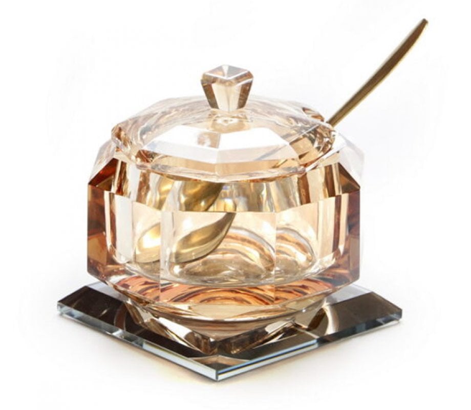 Golden Amber Glass Rosh Hashanah honey jar with lid and spoon - With base