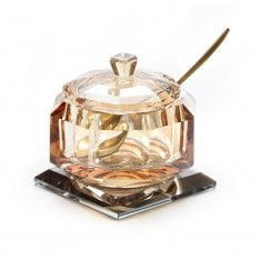 Golden crystal Rosh Hashanah honey jar with lid and spoon - With base