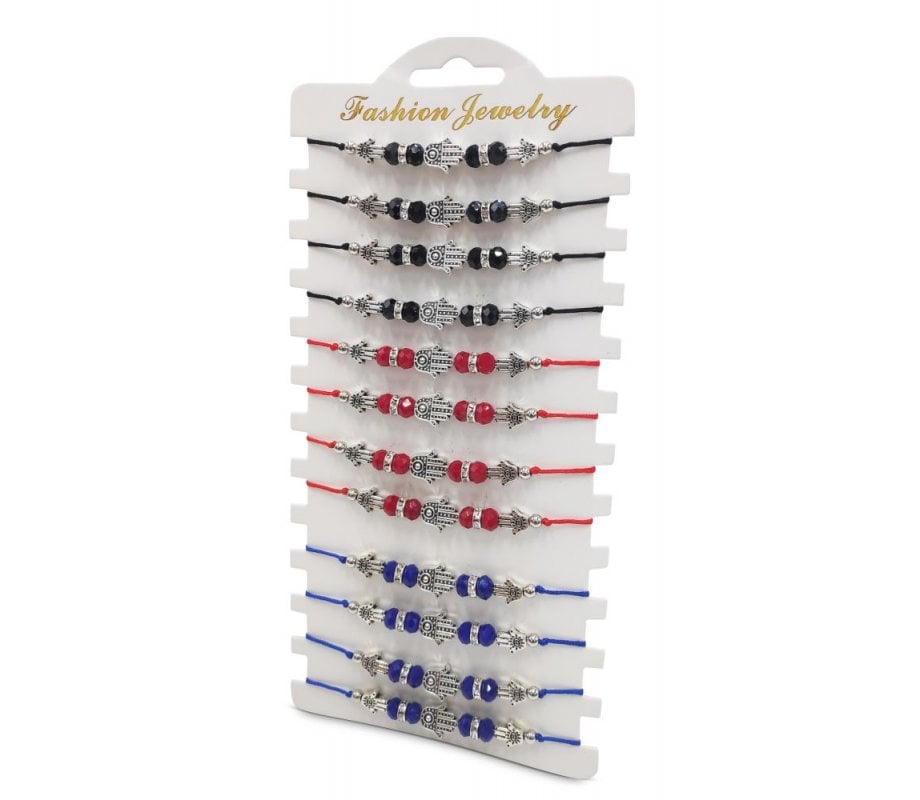 Good Luck Colored Cord Bracelet with Three Silver Hamsas & Beads – Package of 12