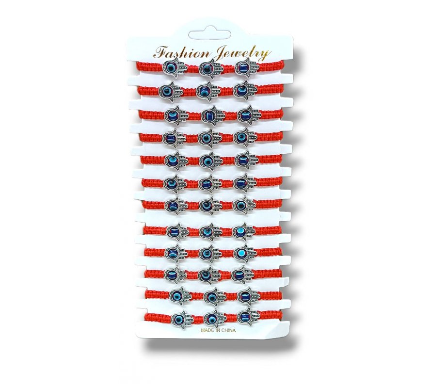 Good Luck Red Cord Bracelet with 3 Protective Eye Hamsa Decoration- Package of 12