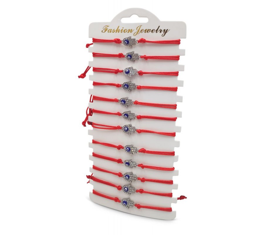 Good Luck Red Cord Bracelets with Hamsas & Blue Protective Eye – Package of 12
