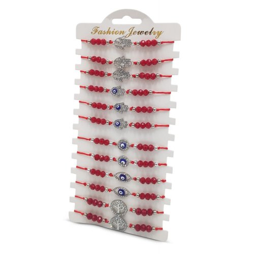 Good Luck Red Cord Bracelets with Tree of Life, Hamsas and Eye - Package of 12