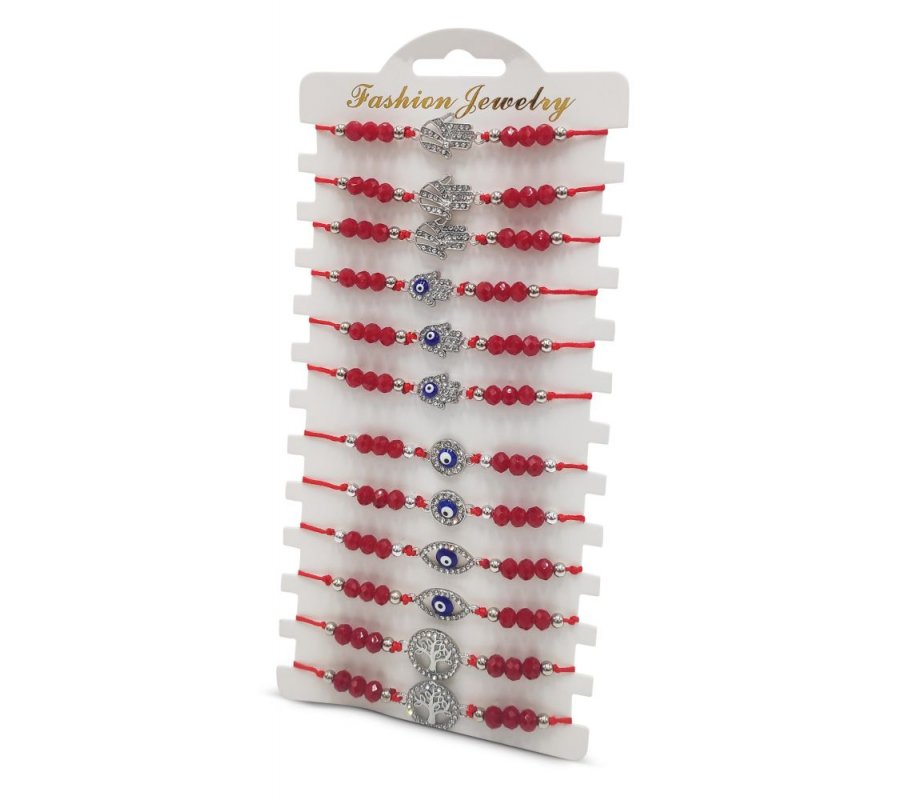 Good Luck Red Cord Bracelets with Tree of Life, Hamsas and Eye - Package of 12