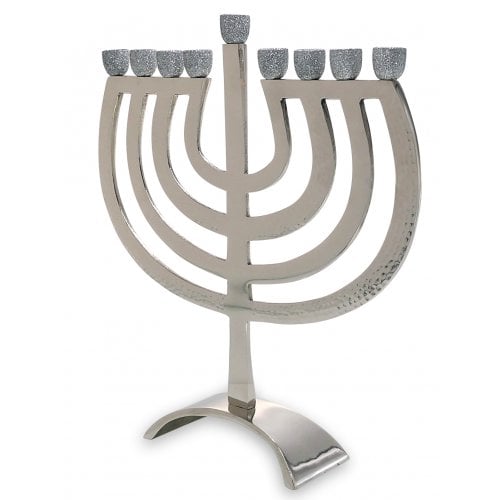 Graceful Chanukah Menorah with Glittering Silver Cups, Aluminum - 12.5 Inches