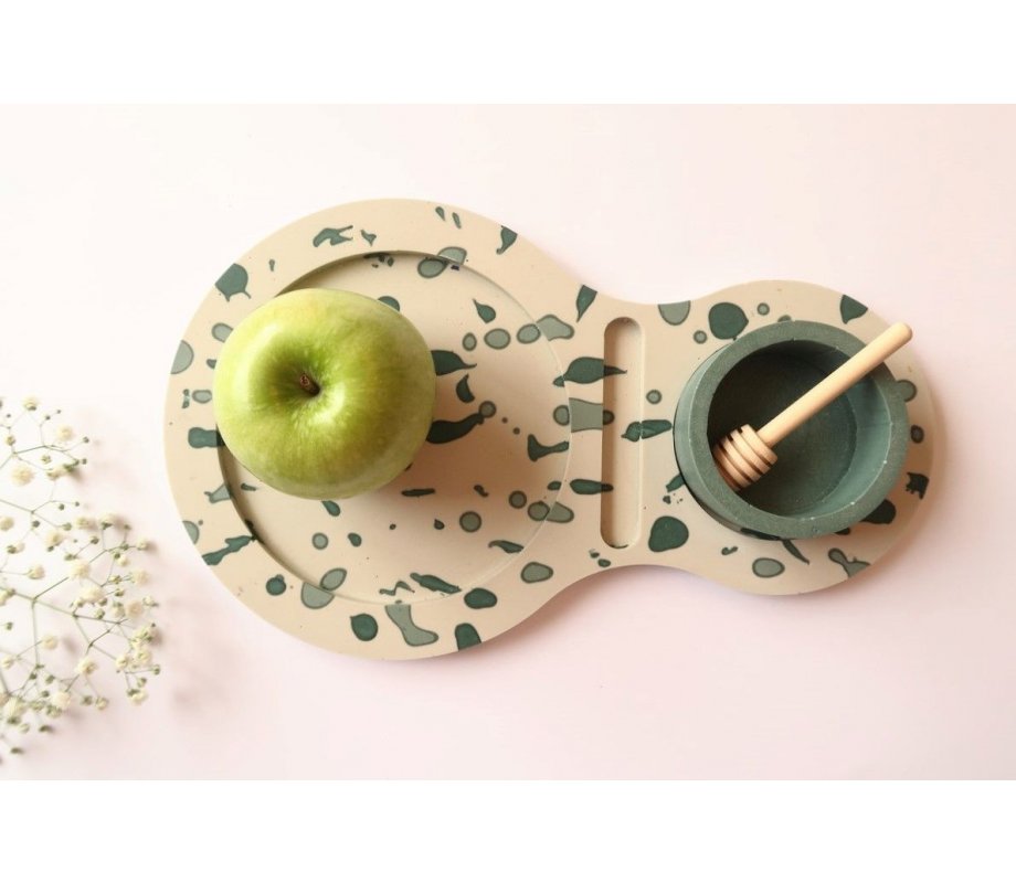 Graciela Noemi Handcrafted Apple Tray with Abstract Design and Green Honey Bowl
