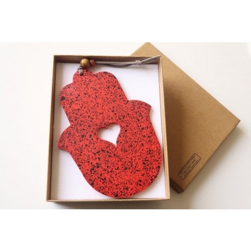 Graciela Noemi Handcrafted Terrazzo Hamsa, Cutout Heart – Red and Black Dots