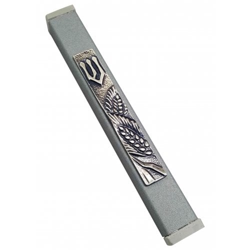 Gray Aluminum Mezuzah Case - Elegant Shin and Wheat Motif