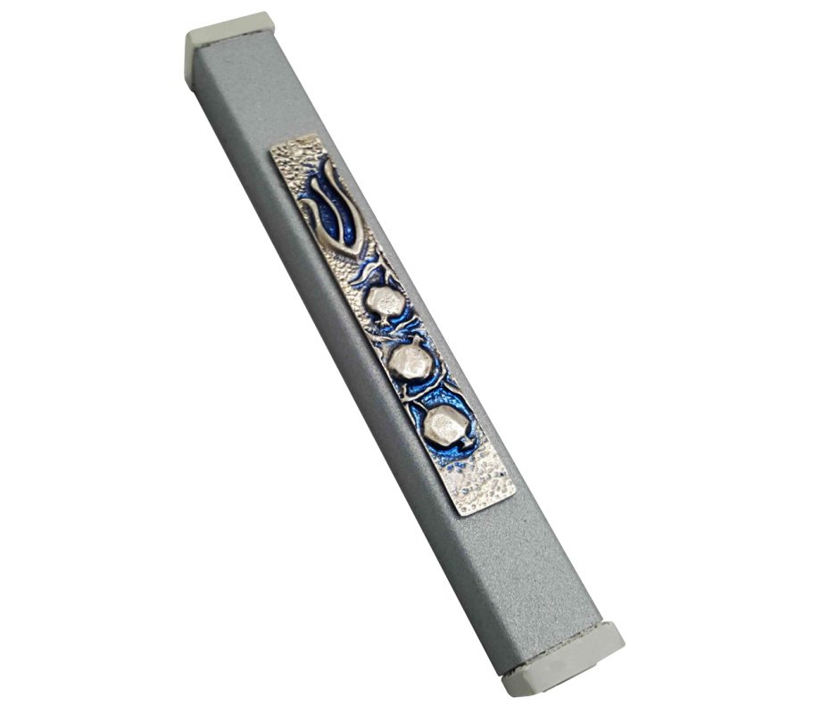 Gray Aluminum Mezuzah Case Elegant Shin and Pomegranates - Blue Tinges