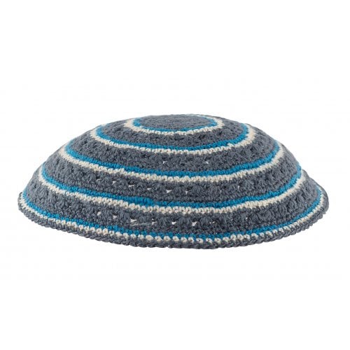 Gray DMC Knitted Kippah with Light Blue and White Circular Design