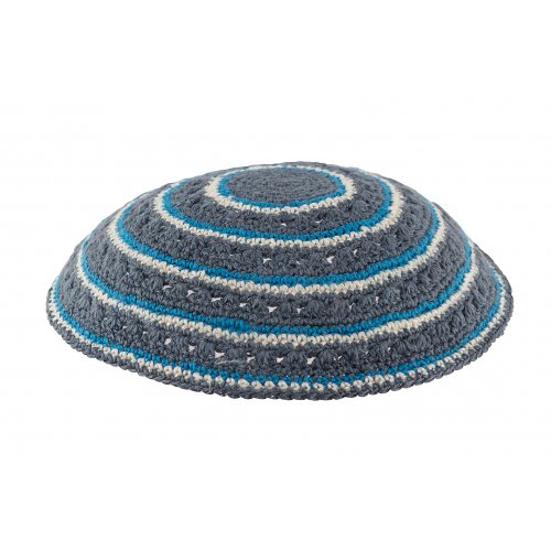 Gray DMC Knitted Kippah with Light Blue and White Circular Design