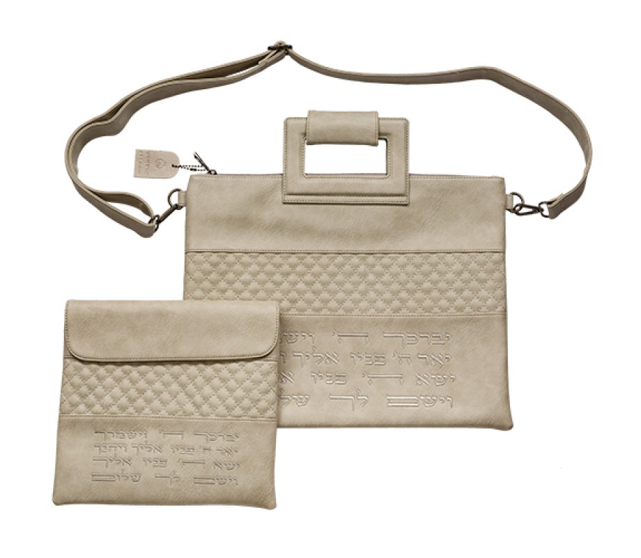 Gray Faux Leather Tallit & Tefillin Bag Set, Shoulder Strap, Aarons Blessing