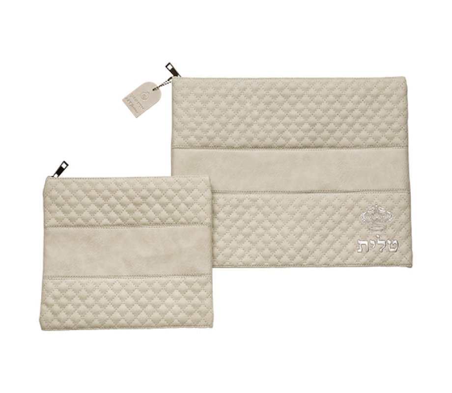 Gray Faux Leather Tallit & Tefillin Bag with Diamond Design and Embroidered Crown