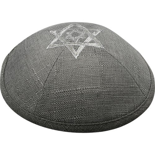 Gray Linen Fabric Kippah Yarmulke with Silver Double Star of David on Crown