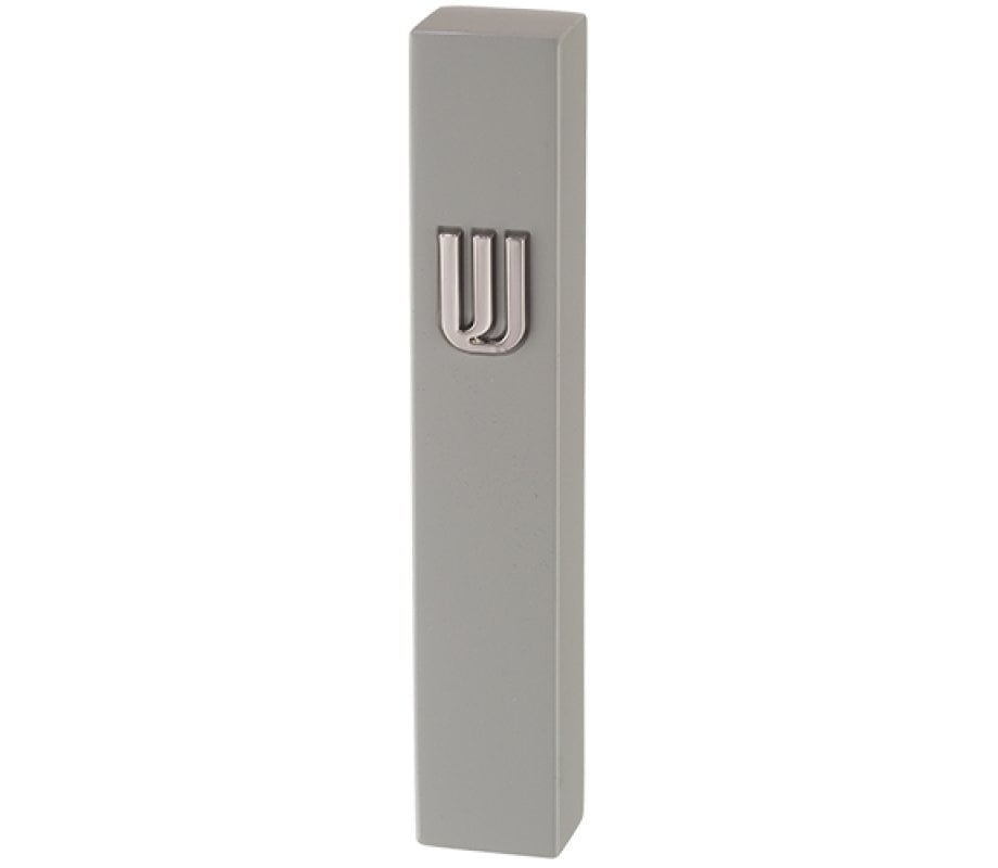 Gray Polyresin Mezuzah Case with Stone Effect, Silver Shin - For 12 cm Scroll