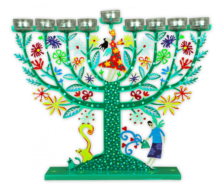 Green Family Tree Hanukkah Menorah by Tzuki Art