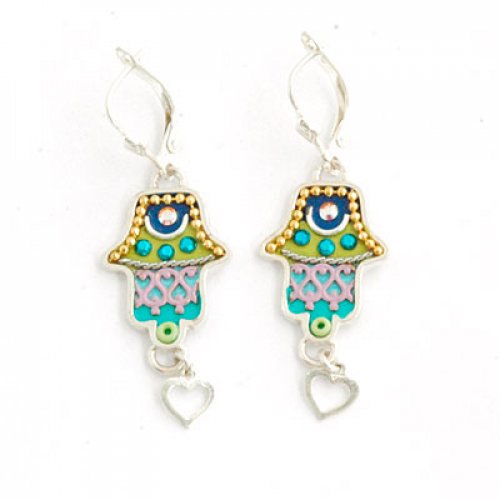 Green Heart Hamsa Earrings by Ester Shahaf