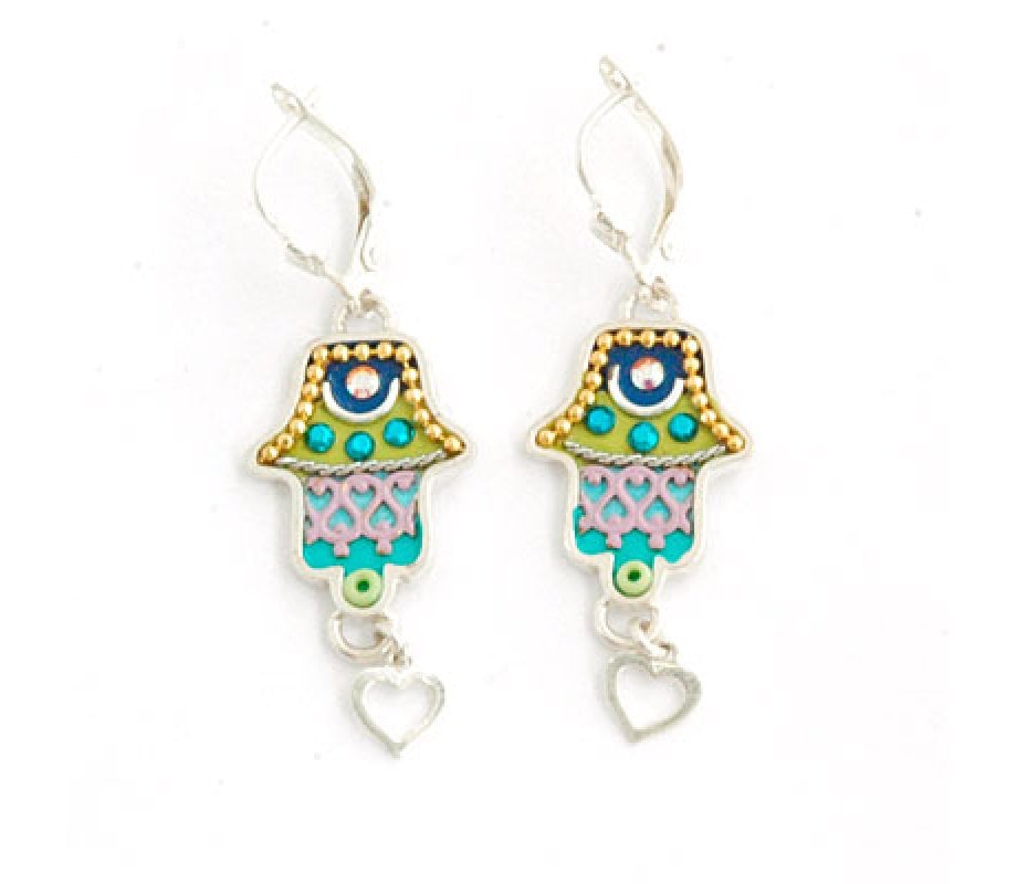 Green Heart Hamsa Earrings by Ester Shahaf