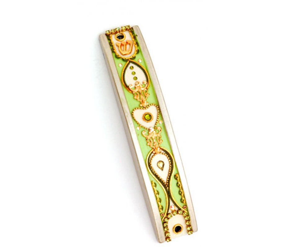Green and Gold Curved Pewter Mezuzah - Ester Shahaf