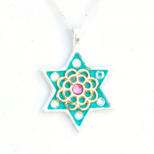 Green-Gold Flower Star of David Necklace by Ester Shahaf