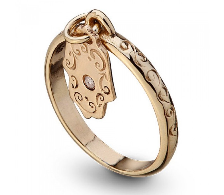 Ha'Ari Gold Kabbalah Ring, Hanging Hamsa with Diamond - for Protection