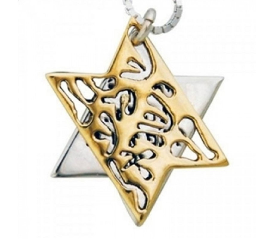HaAri Jewelry Shema Yisrael Star of David Two-Tone Pendant 9K Gold & Sterling Silver