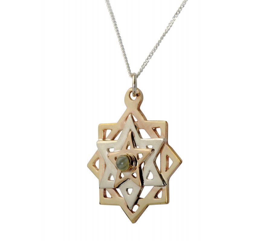 Ha'Ari Kabbalah Tikun Hava Pendant Necklace, Three Stars - Gold, Silver and Gem