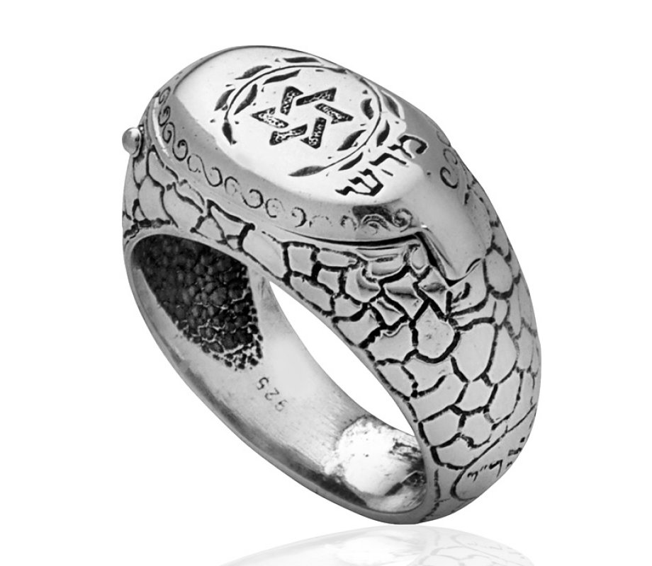 HaAri Silver Signet Snake Ring with Kabbalah Engravings and Secret Compartment