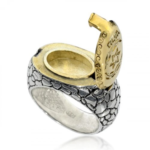HaAri Silver and Gold Signet Snake Ring, Kabbalah Engravings and a Secret Drawer
