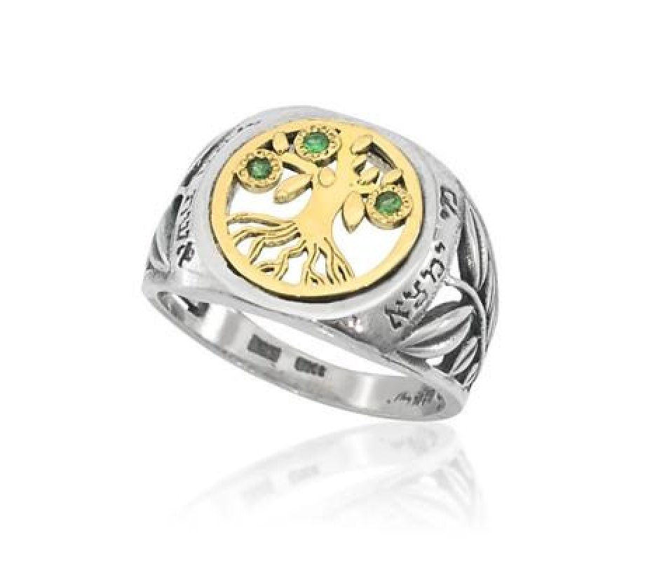 Ha’Ari Woman of Valor Silver Ring with Gold Tree of Life and Green Emeralds