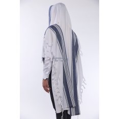 Halleluyah Wool Tallit Non Slip Prayer Shawl - Royal Blue and Black Stripes with Wave Design