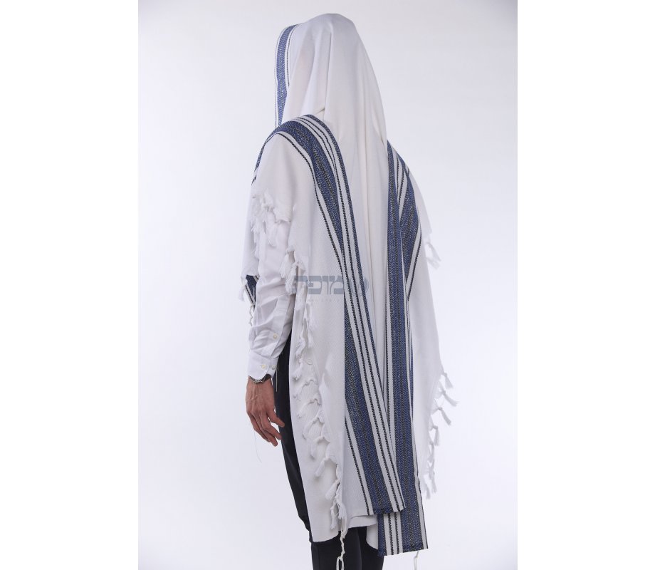 Halleluyah Wool Tallit Non Slip Prayer Shawl - Royal Blue and Black Stripes with Wave Design