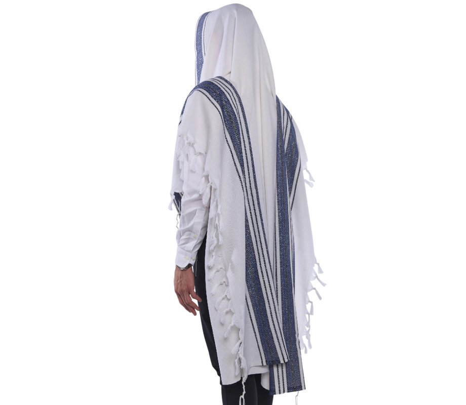 Halleluyah Wool Tallit Non Slip Prayer Shawl - Royal Blue and Black Stripes with Wave Design