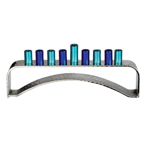 Hammered Aluminum Curved Chanukah Menorah - Blue and Turquoise Candleholders