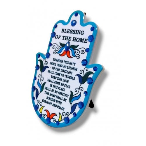 Hamsa English Home Blessing Plaque for Wall or Table - Blue with Gleaming Stones