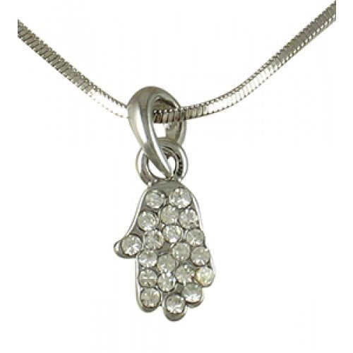 Hamsa Rhodium Necklace with white stones